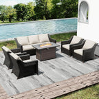 Joyside Wicker Patio Furniture Sets, 6 Pieces Upgraded Large Size Outdoor Furniture with 4 Swivel Rocking Patio Chairs, 3-Seat Sofa, Fire Table,Thick Cushions, Wide Armrest, Beige
