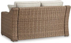 Signature Design by Ashley Beachcroft Casual Nuvella Weather Resistant Fabric, Resin Wicker Outdoor Loveseat with Cushion and 2 Accent Pillows, Dark Brown & Beige
