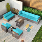 Kullavik 10 Pieces Outdoor Patio Furniture Set with 43" 55000BTU Gas Propane Fire Pit Table PE Wicker Rattan Sectional Sofa Patio Conversation Sets,Blue