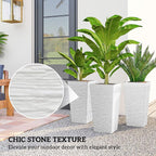 Outsunny 22.8 Inch Tall Planters for Outdoor Plants, Set of 3 Plastic Flower Pots with Stone Finish and Wheels, Stackable Tapered Planters with Drainage Hole for Indoor Plants, Front Porch, White