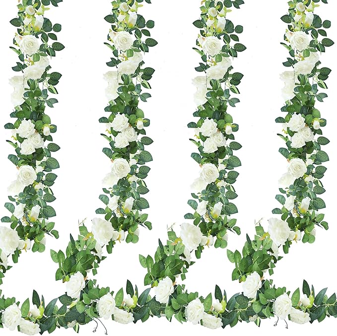 Artificial Rose Vine Garland, 4 Pack, White Silk, 7.75 Ft Each