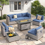 6-Seat Modern Outdoor Wicker Rattan Patio Furniture Set with 55,000 BTU Fire Pit Table, Thick 4″ Cushions, All-Weather Dual-Strand Rattan, Rust-Resistant Steel Frame,Navy