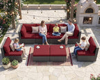 NICESOUL 8 Piece Modern Patio Couch Set, 29.3'' High Back Oversized Wicker Outdoor Sectional Furniture with Ottoman, Wide Seating Comfy Conversations for Backyard Deck, 2 Color Cushion Wine & Gray