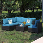 Outdoor Wicker Patio Furniture Set, Rattan Sectional Sofa Set with Thick Cushions (Brown/Peacock Blue, 7 Piece Sofa Set)