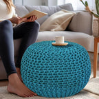 COTTON CRAFT Round Pouf - Hand Knitted Cotton Braid Cord Cable Dori Floor Pouf - Foot Stool - Ottoman Footrest Accent Seat Furniture Bean Bag - Living Room Kids Room Nursery Dorm Décor - 20x14 - Teal