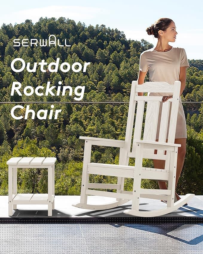 SERWALL Outdoor Rocking Chair White Set of 8, All Weather Patio Rocking Chair, HDPE Poly Rocking Chair for Adults, Heavy Duty Front Porch Rocker