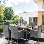 Shintenchi 7 Piece Patio Dining Set, Wicker Patio Conversation Set with Wooden Table Top, Outdoor Table and Chairs with Soft Cushions for Backyard, Deck and Garden, Grey Wicker