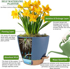 Self Watering Pots for Inoor Ourdoor Plants 10/9/8/7/6.5 Inch Plastic Planters with Drainage Holes & Water Level Indicator, Decorative House Flower Nursery Planting Pots with Saucers (Navy Blue)