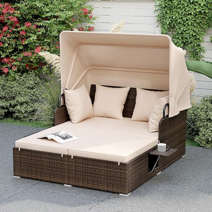 ORALNER Outdoor Daybed, 2-Person Wicker Patio Sofa with Retractable Canopy, Cushions & Pillows, 2 Side Trays, PE Rattan Double Sunbed for Deck Poolside Garden Balcony Backyard (Beige, Mix Brown)