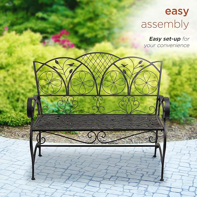 Alpine Corporation 45" Long Outdoor Metal Classic Bench with Stylish Patterns, Garden Furnitures - Brown