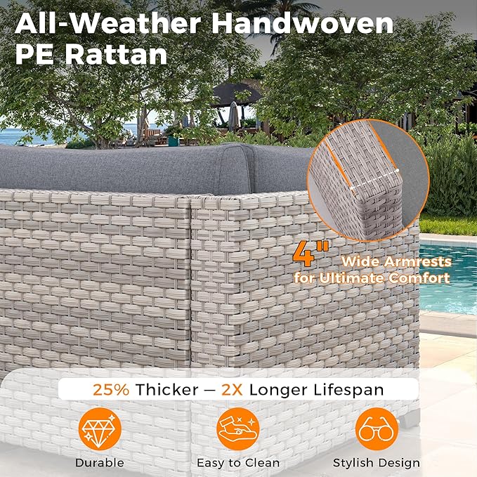 6-Seat Modern Outdoor Wicker Rattan Patio Furniture Set with 55,000 BTU Fire Pit Table, Thick 4″ Cushions, All-Weather Dual-Strand Rattan, Rust-Resistant Steel Frame,Gray