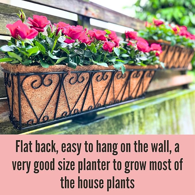 LaLaGreen Wall Planter - 4 Pack, 30 Inch Large Black Window Flower Basket Boxes Outdoor Attach House, Rectangular Deck Railing Hanging Pot with Coco Liner Over Rail Fence Balcony Patio Porch