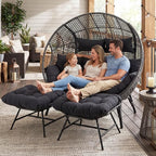 NICESOUL Indoor Outdoor Double Egg Chair with Footrest Padded Cushion, Oversized Wicker Twin Egg Shaped Chair Wide Seater with Ottoman, 2 People Loveseat Gray for Patio Porch Balcony