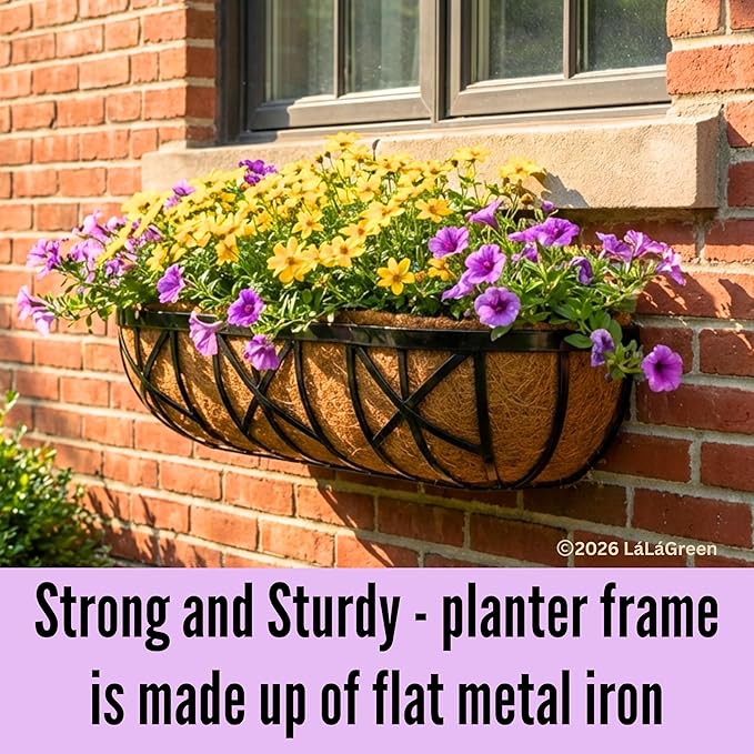LaLaGreen 30 Inch, 2 Pack Window Boxes Planters – Black Metal Window Boxes for Outdoor Plant, Wall Mount Flower Pot with Coco Coir Liner, Attach to House Fence Balcony Herb for Patio Porch Garden