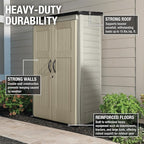 Rubbermaid Vertical Resin Outdoor Storage Shed With Floor (4 x 2.5 Ft) Weather Resistant Beige/Brown Organization for Home/Backyard/Pool Chemicals/Toys/Garden Tools/Porch/Patio Cushions