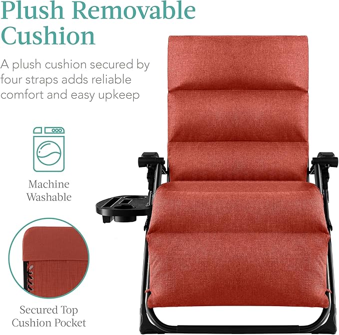 Best Choice Products Oversized Zero Gravity Chair, Folding Outdoor Patio Recliner, XL Anti Gravity Lounger w/Removable Cushion, Cup Holder, Side Tray, 350lb Capacity - Burnt Orange