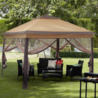 GDY 11x11 Pop Up Canopy Tent, Outdoor Canopy with Netting, Outdoor Gazebo for Backyard, Tent with Handbag, Brown.