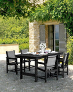 SERWALL Patio Dining Sets for 6, Outdoor HDPE Dining Set with Umbrella Hole Cut-Out Table and 6 Woven Chairs, Black