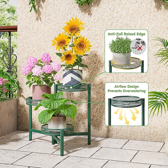 Plant Stand Indoor Outdoor, 3 Tier Corner Metal Flower Display Holder Shelf, Folding Tall Plant Rack for House Patio Balcony Porch Garden Living Room, Heavy Duty Anti-Rust Wrought Iron - GreenFlower