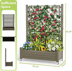 Raised Garden Bed with Trellis, 21 Gallon Self Watering Planter Box with Lockable Wheels & Drainage Holes for Climbing Plants Vegetables Flowers, Anti-Rust Resin for Backyard Patio (Grey)
