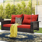 DWVO Hanging Porch Swing Chair Outdoor Wicker Rattan Patio Swing Lounge 2 Seats Cushions Capacity 530lbs for Balcony, Garden, Living Room, Brown Rattan Red Cushion