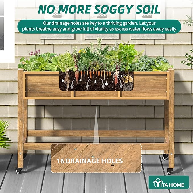YITAHOME Raised Garden Bed HDPE, 47x18x31In Poly-Wood Weather-Resistant Raised Flower Bed, Elevated Planter Box with Lockable Wheels for Vegetables, Brown