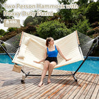 Two Person Hammock with Stand for Outside Heavy Duty, Outdoor Patio Hammock with Portable Steel Stand, Large Double Hammocks,480lbs Capacity.(Off White)