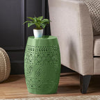 Christopher Knight Home Zoey Small Outdoor Side Table, Lace Cut Iron End Table, Metal Outdoor Stool, Hollow Drum Round Side Table, Decorative Garden Stool with Cutout Design for Patio Balcony, Green
