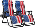 Best Choice Products Set of 2 Adjustable Steel Mesh Zero Gravity Lounge Chair Recliners w/Pillows and Cup Holder Trays - American Flag