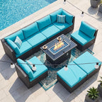NICESOUL Big Size 9 Piece Patio Furniture Set with Fire Pit Natural Gas & Propane, 29.3'' High Back Comfy Outdoor Rattan Conversations, Wide Seats Couches for Outside, 2 Color Cushions Teal & Gray