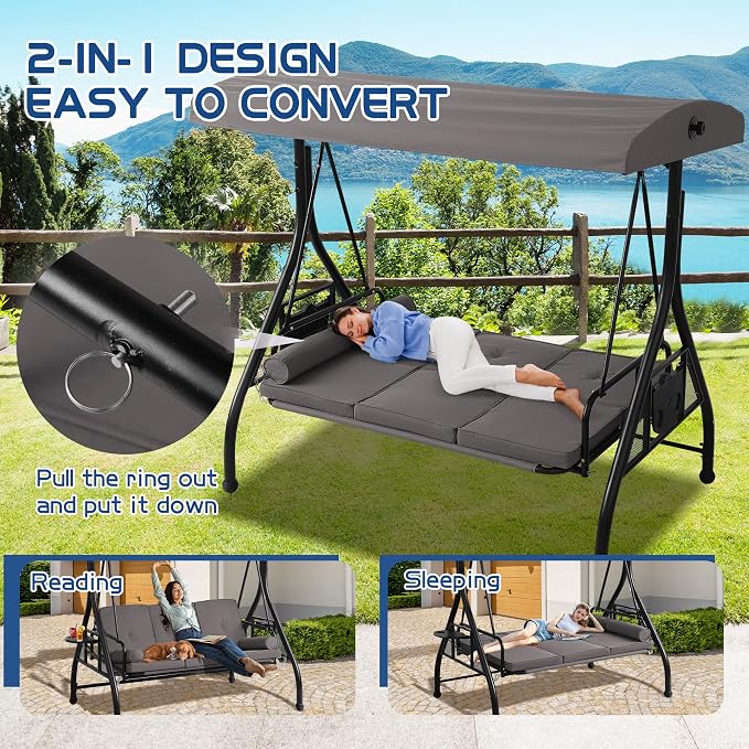 Porch Swing 3-Seat Gray Metal Glider with Adjustable Canopy