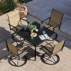NUU GARDEN Outdoor Patio Dining Set, 4 Swivel Textilene Dining Chairs and 37" Square Dining Table with 1.57'' Umbrella Hole, Powder Coated Iron Frame, for Patio, Garden, Backyard, Black and Brown