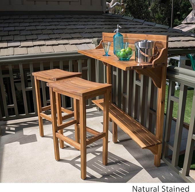 Acacia Wood Balcony Bar Set with 2 Stools, Light Brown