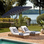 SAFAVIEH 9ft Outdoor Patio Umbrella, Round, Valance, White & Navy Trim, Auto Crank Tilt, UV Resistant for Deck, Backyard, Poolside (PAT8006G)