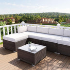 COSIEST Outdoor Furniture Brown Wicker Glass-Top Coffee Table for Expanding Sectional Sofa Set for Garden, Pool, Backyard