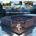 ALAULM Patio Furniture Set with Coffee Table, 14 Pieces Outdoor Sectional with Wide Seat and Thick Cushion, All Weather Wicker Rattan Conversation Set for Backyard, Garden, Deck, NavyBlue