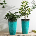Glitzhome 23.75" H Large Planters for Outdoor Plants,Set of 2 Plastic Tall Outdoor Planters with Drainage Holes,Honeycomb Textured Gradient Turquoise Finish, Large Flower Pots for Front Porch Indoor