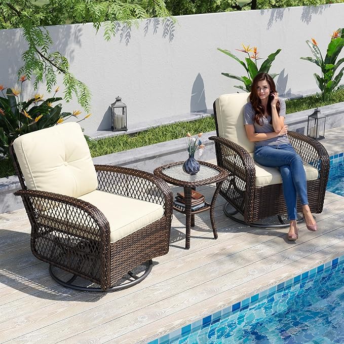 Aoxun 3 Pieces Patio Furniture Set, Patio Swivel Rocker Chairs Set of 2, Wicker Outdoor Bistro Set with Rocking Chair, Thickened Cushions and Table for Porch (Beige)