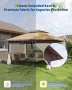 Canopy Tent 12x12 ft, Pop Up Gazebo One-Push Setup with 4 SandBags for Backyard Parties and BBQs, Mosquito Netting & Height Adjustable - Khaki & Coffee