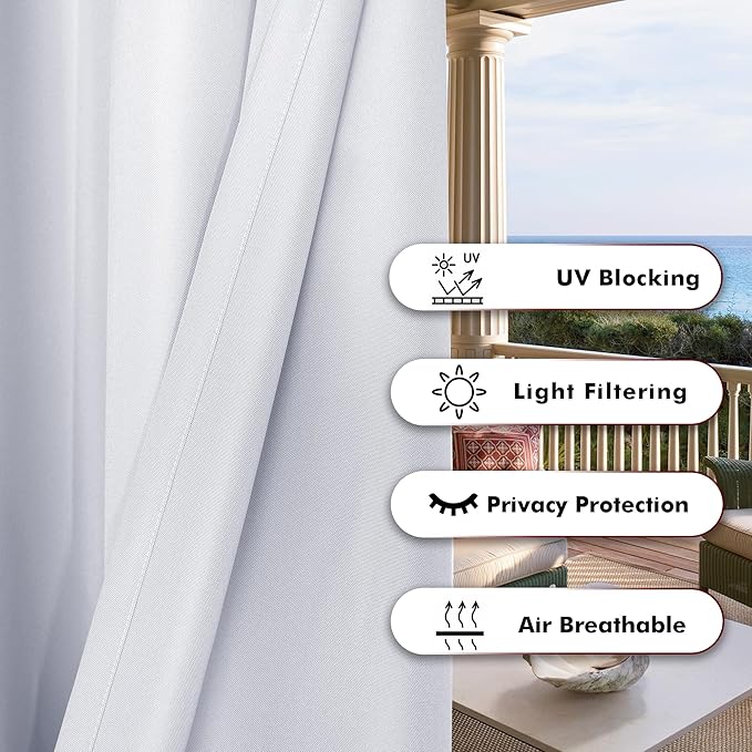 BONZER Waterproof Outdoor Curtains for Patio Porch Pergola Cabana Thick Privacy Wide Grommet Indoor Curtains for Bedroom Living Room, 1 Panel, 110W x 108L inch, White