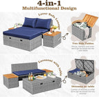 Flamaker Outdoor Rattan Lounge Chair with 2 Side Tables, Multifunctional Outdoor Patio Daybed with Footrest, Cushions, Storage Ottoman,Chaise Lounge Chair for Backyard Porch Poolside(Deep Blue)
