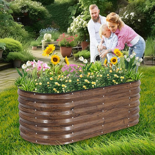 1MORE Galvanized Raised Garden Bed- Planter Garden Boxes Outdoor, Raised Beds for Gardening, 4x2x1.4ft Metal Garden Bed Kit for Vegetables Flower, Planter Raised Bed with Protective Tape & Tools.Grain
