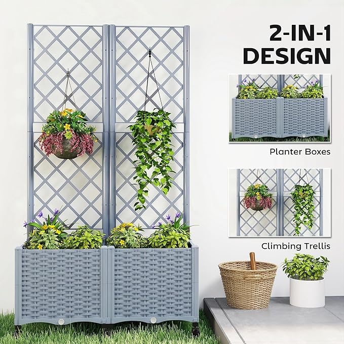 Outsunny Planter Box with Trellis, Self Watering Raised Garden Bed with Lockable Wheels, 56.3" Trellis Privacy Planter with Drainage Holes for Climbing Plants, Vines, Vegetables, Flowers, Gray