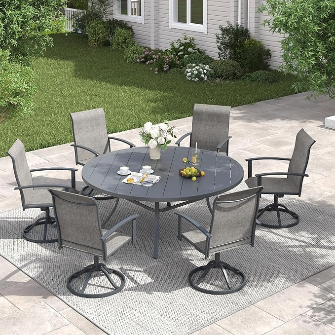 VICLLAX 63" Outdoor Round Patio Table with Umbrella Hole, All Weather Metal Round Outdoor Dining Table for Lawn Garden, 8-10 Person Table, Grey