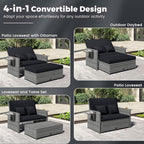 HAPPYGRILL Patio Rattan Wicker Daybed with Loveseat & Storage Ottoman, Outdoor Lounge Sofa Furniture Set with Adjustable Backrest & Side Trays, for Poolside Deck Porch Lawn (Mix Grey & Black)