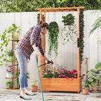 Giantex 2 Pcs Raised Garden Bed with Trellis & Hanging Roof, Wood Planter Box with Bottom & Drainage Holes, Freestanding Garden Planter for Flower Vegetable Fruit Herb Climbing Vines, 43.5"x17.5"x72"