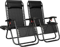 Yaheetech 26" Zero Gravity Recliners Outdoor Adjustable Folding Reclining Lounge Chairs w/Pillows, Cup Holder Trays and Carry Strap for Patio Backyard Beach New Black Set of 2
