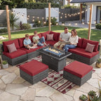 NICESOUL Backyard Furniture Set with Firepits Natural Gas/Propane, 9 Seater XL Oversized Wicker Sectional Couches, 29.3'' High Back Comfy Deep Wide Outdoor Patio Sofa Set, 2 Color Cushion Red & Gray