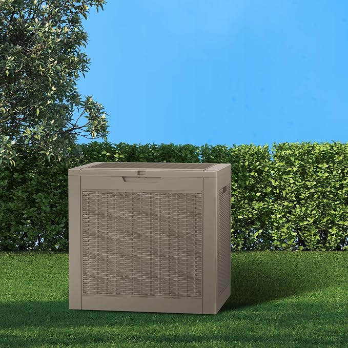 Deck Box, 31 Gallon Grey Resin Outdoor Storage Bin with Lock Loops