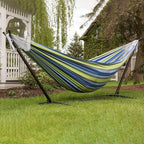 Vivere Double Cotton Hammock with Space Saving Steel Stand, Upgraded Polyester End Strings 450 lb Capacity - Premium Carry Bag Included - USA Grown Cotton (Oasis)